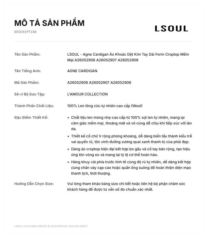 LSOUL Áo Cardigan Dệt Kim Tay Dài Form Croptop Mềm Mại Agne Cardigan A26052906
