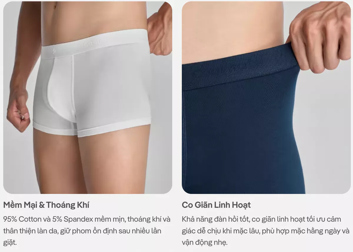 Combo Pack 5 Quần lót nam Trunk Cotton Co Giãn Origin mềm mại, co giãn, thấm hút Coolmate