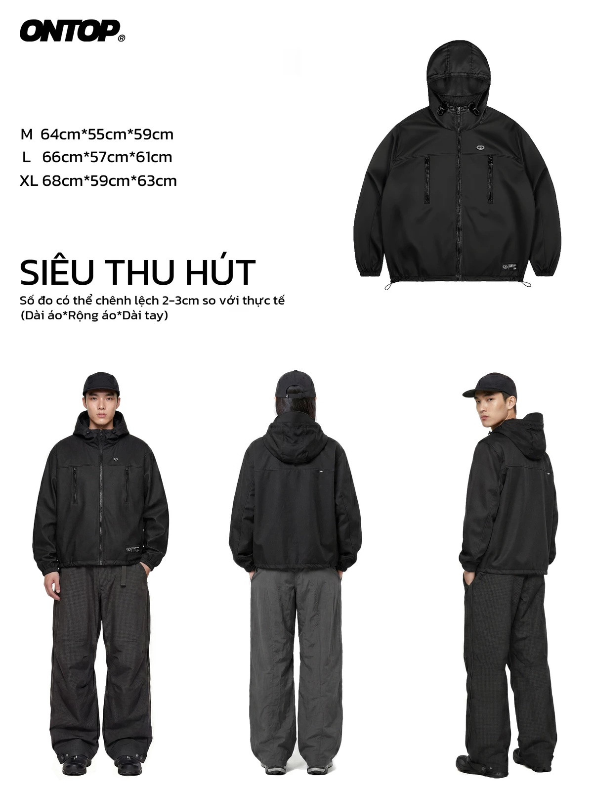 Áo chống nắng vải dù 2 lớp nam nữ ONTOP có mũ màu đen 2 túi ngực dọc nổi bật Nomad Shell Jacket | O-AK8-D