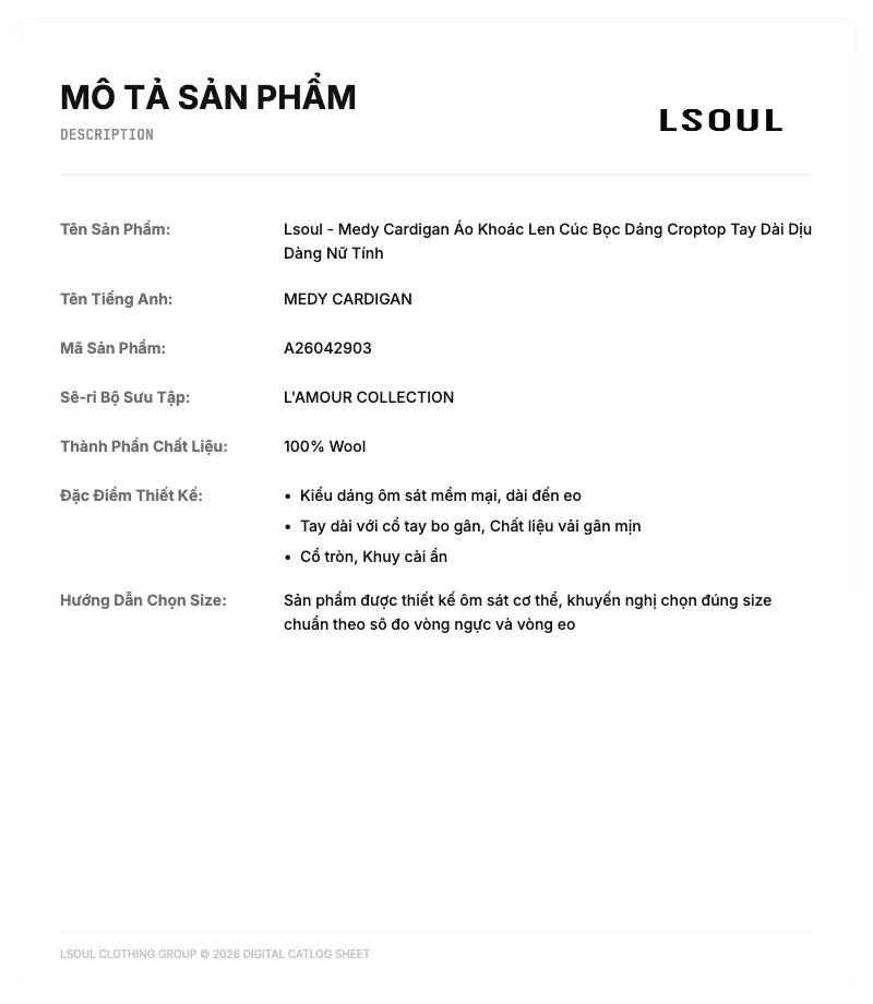 LSOUL - Áo Khoác Len Cúc Bọc Dáng Croptop Tay Dài Dịu Dàng Nữ Tính Medy Cardigan  A26042903