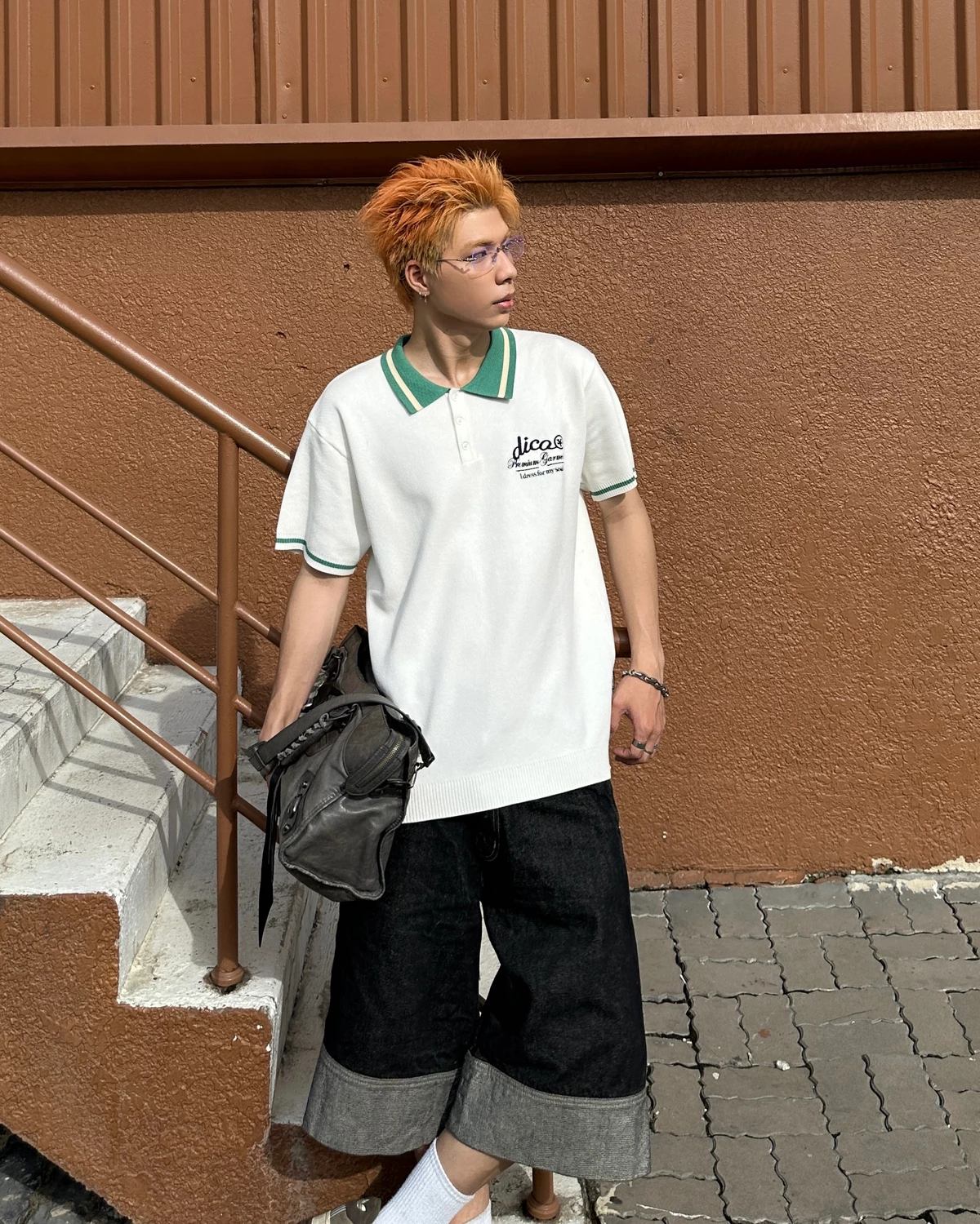 Áo Thun Knit Polo Premium Garment - White Green
