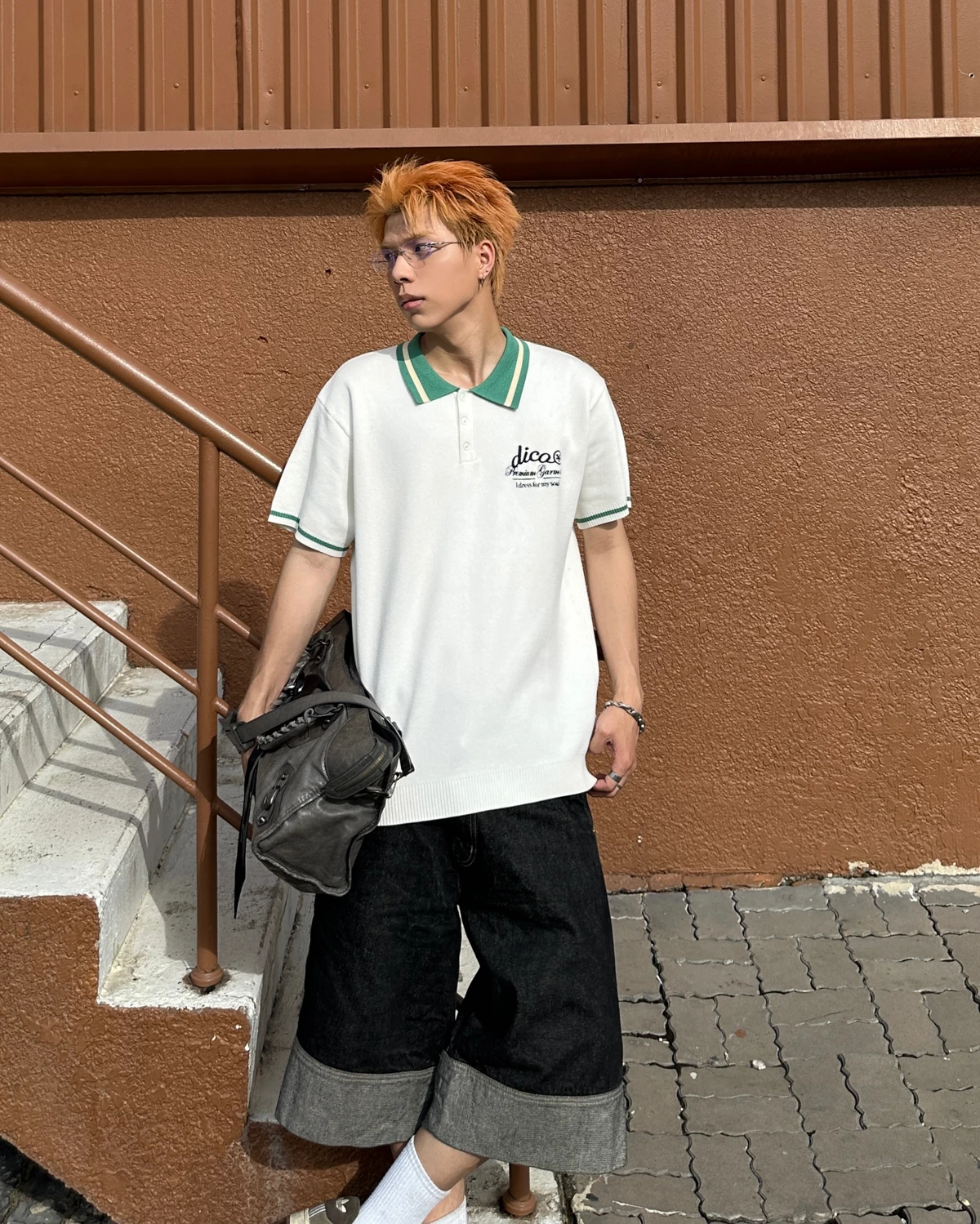 Áo Thun Knit Polo Premium Garment - White Green