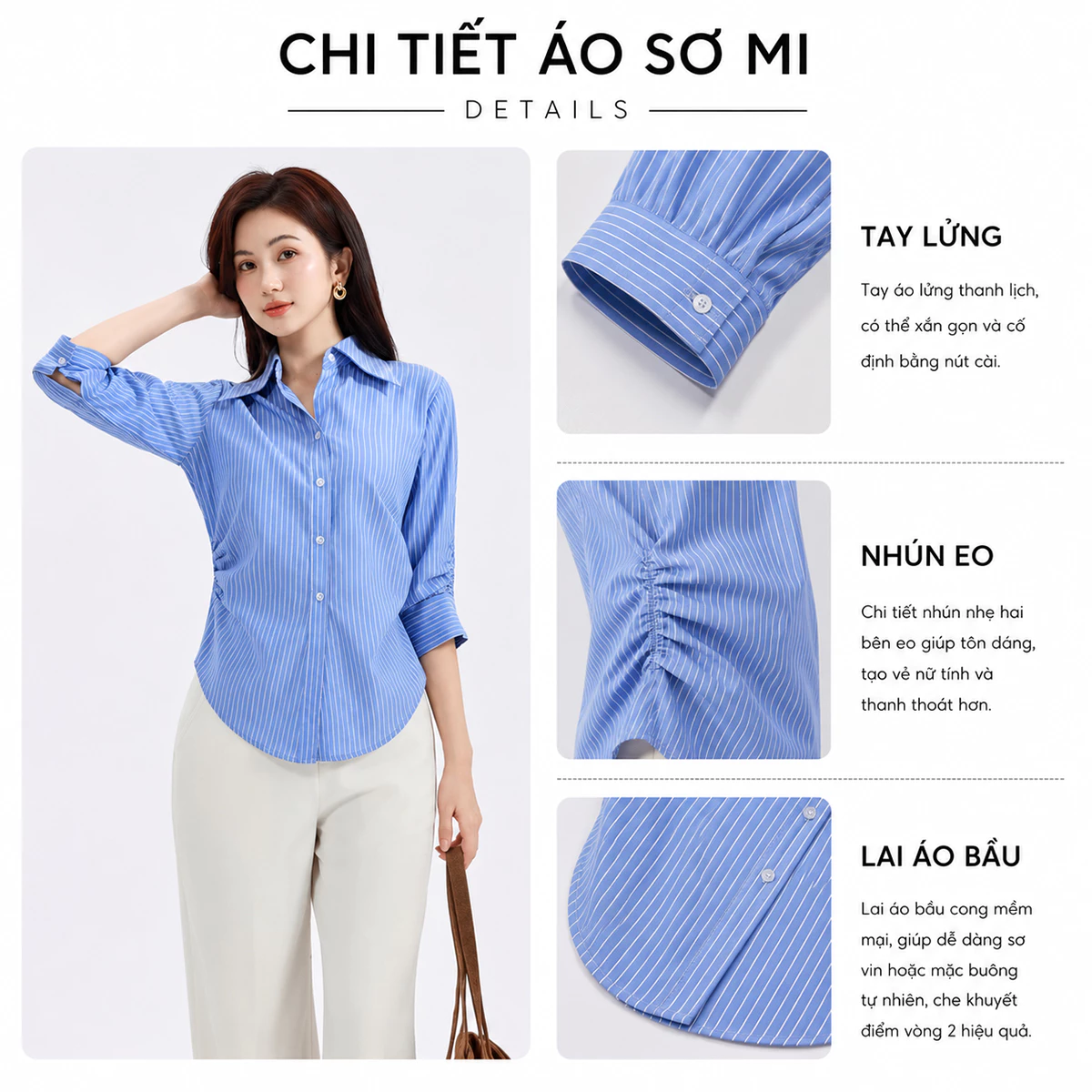 [NHẬP MÃ AFFTHAG GIẢM 99K] Áo Sơ Mi Nữ GUMAC Áo Kiểu Công Sở Kẻ Sọc Tay Lửng Chiết Ly Eo Vải Kate Cao Cấp AF01024