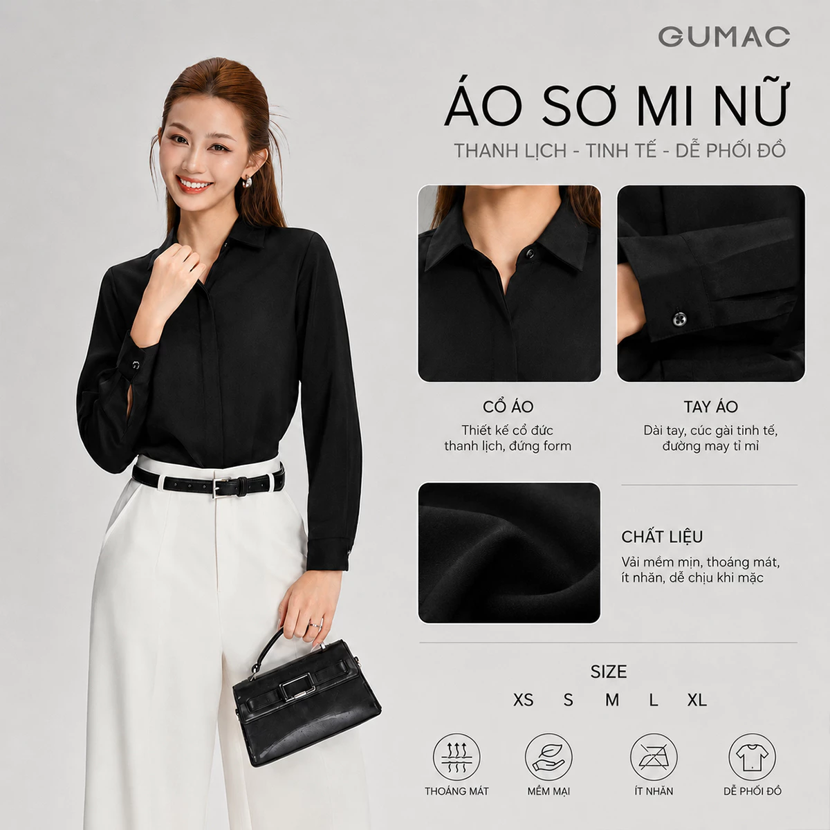 [MUA 2 GIẢM 80K] Áo Sơ Mi Nữ Tay Dài GUMAC Áo Kiểu Công Sở Lụa Trơn Basic Cơ Bản Nẹp Đôi Giấu Nút BAE00003