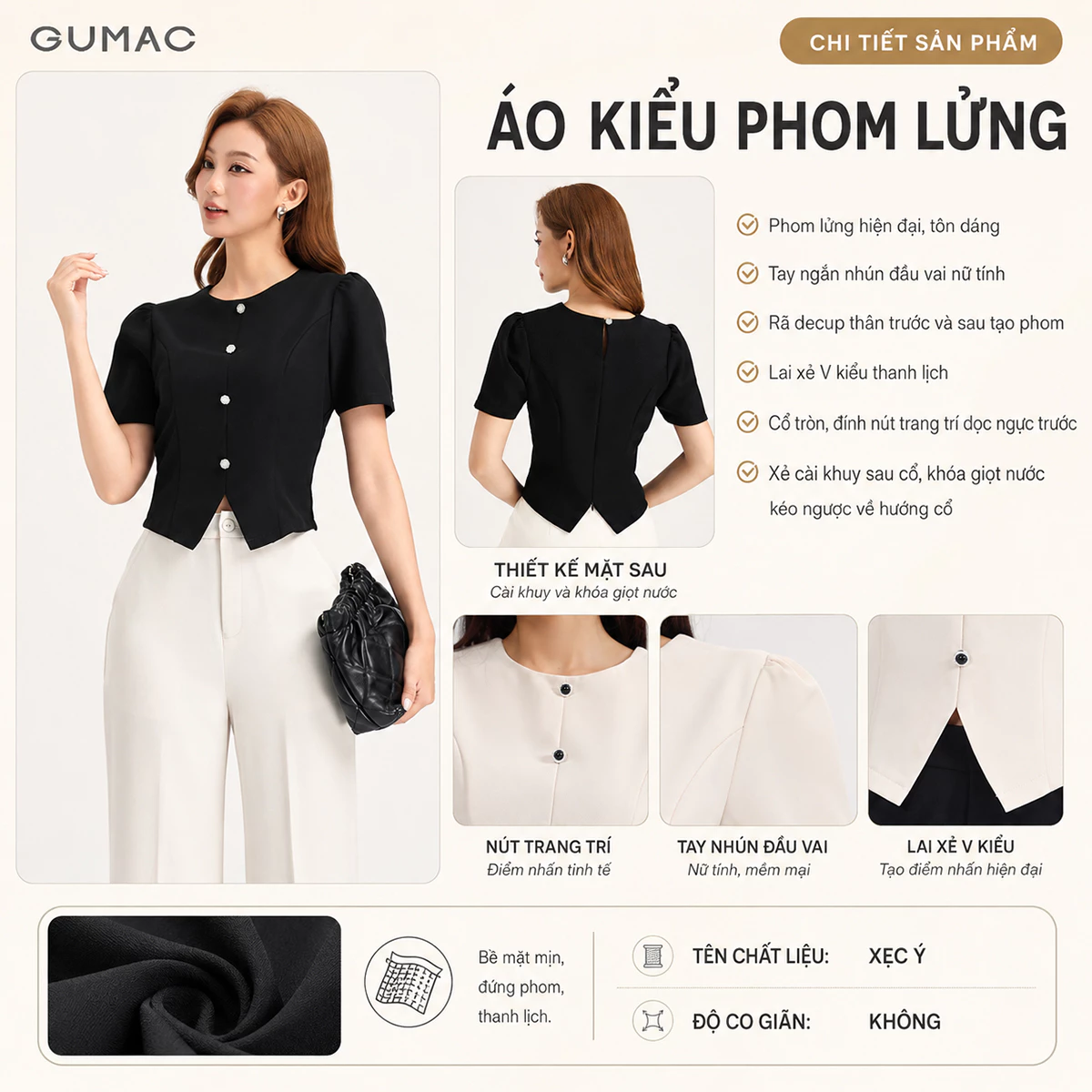 [NHẬP MÃ AFFTHAG GIẢM 99K] Áo Kiểu Nữ GUMAC Áo Kiểu Lửng Công Sở Xẻ V Đính Nút Tôn Dáng Sang Trọng Vải Chéo Ý LAG0414