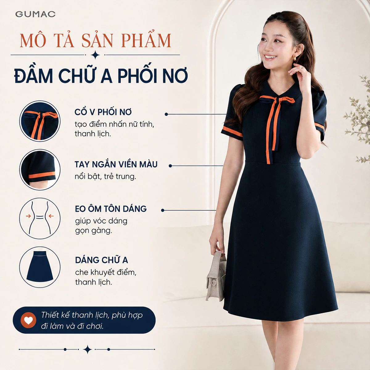 Đầm Chữ A Nữ GUMAC Váy Công Sở Phối Nơ Cổ Tôn Dáng Vải Tuyết Mưa Cao Cấp Bigsize Đi Chơi Dạo Phố LDE0614