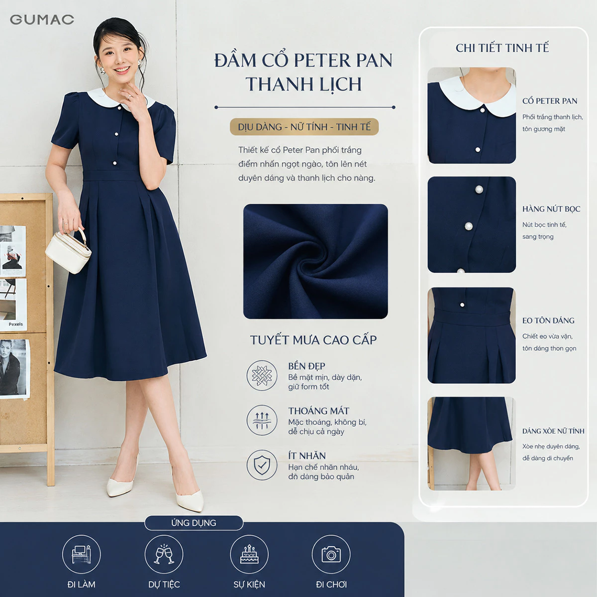 Đầm Chữ A Nữ GUMAC Váy Công Sở Xòe Bigsize Phối Cổ Bâu Sen Tiểu Thư Có Túi Vải Cotton LDE0821