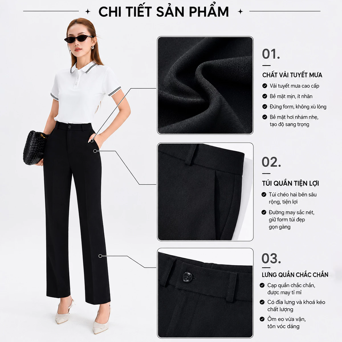Quần Ống Đứng Nữ 95cm GUMAC Quần Tây Công Sở Lưng Cao Có Túi Vải Tuyết Mưa Tôn Dáng LQF1002