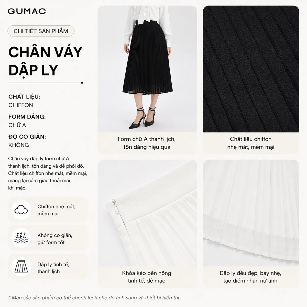Chân Váy Nữ GUMAC Form A Dập Ly Tôn Dáng Chất Liệu Chiffon Thoáng Mát Cao Cấp Thanh Lịch LVF0821