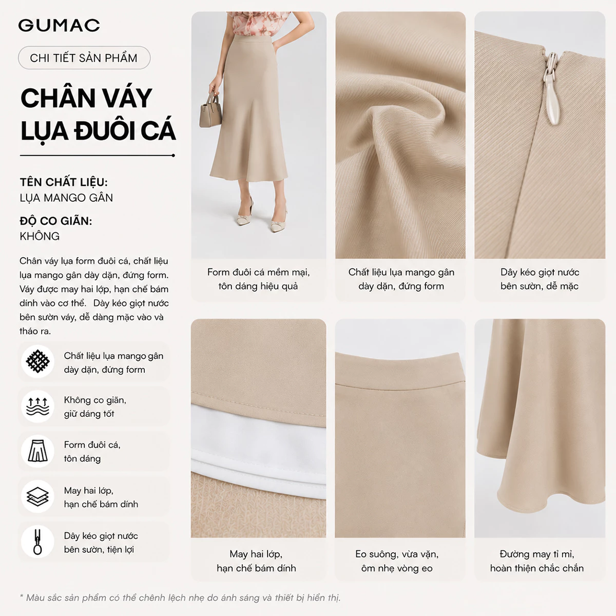 Chân Váy Lụa Nữ Đuôi Cá GUMAC 2 Lớp Dây Kéo Sườn Chất Lụa Mềm Mịn Sang Trọng LVG0415