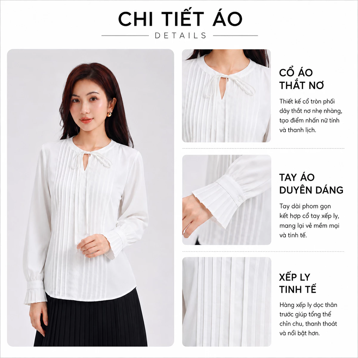 Áo Kiểu Nữ Gmorning - GUMAC Form Suông Tay Dài Cổ Cột Dây Xếp Ly Thân Trước Thanh Lịch Tôn Dáng YAG05003