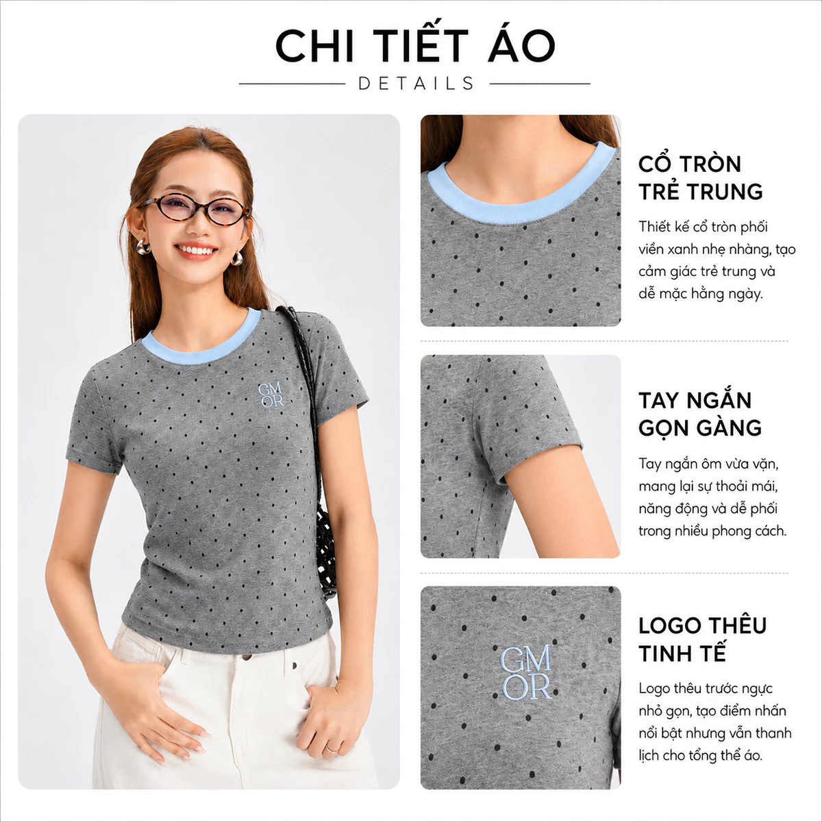 Áo Thun Nữ Gmorning - GUMAC Chấm Bi Form Ôm Ngắn Thêu GMOR Cổ Phối Màu Trẻ Trung YATG07054