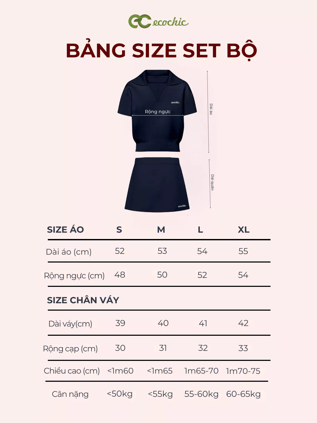 Set Chân Váy ECOCHIC B247 Áo Cổ V Polo Chân Váy Thun Cạp Chun Logo Thêu Chất Liệu Cao Cấp Mềm Mịn