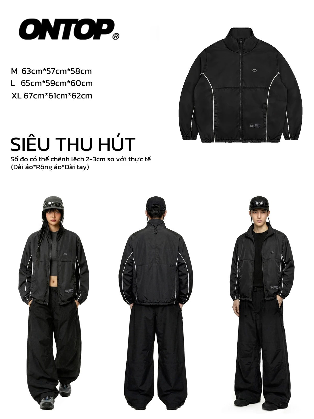 Áo gió chống nước hai lớp ONTOP cổ trụ, phối viền nam nữ màu đen Wind Track Jacket | O-AK5-D