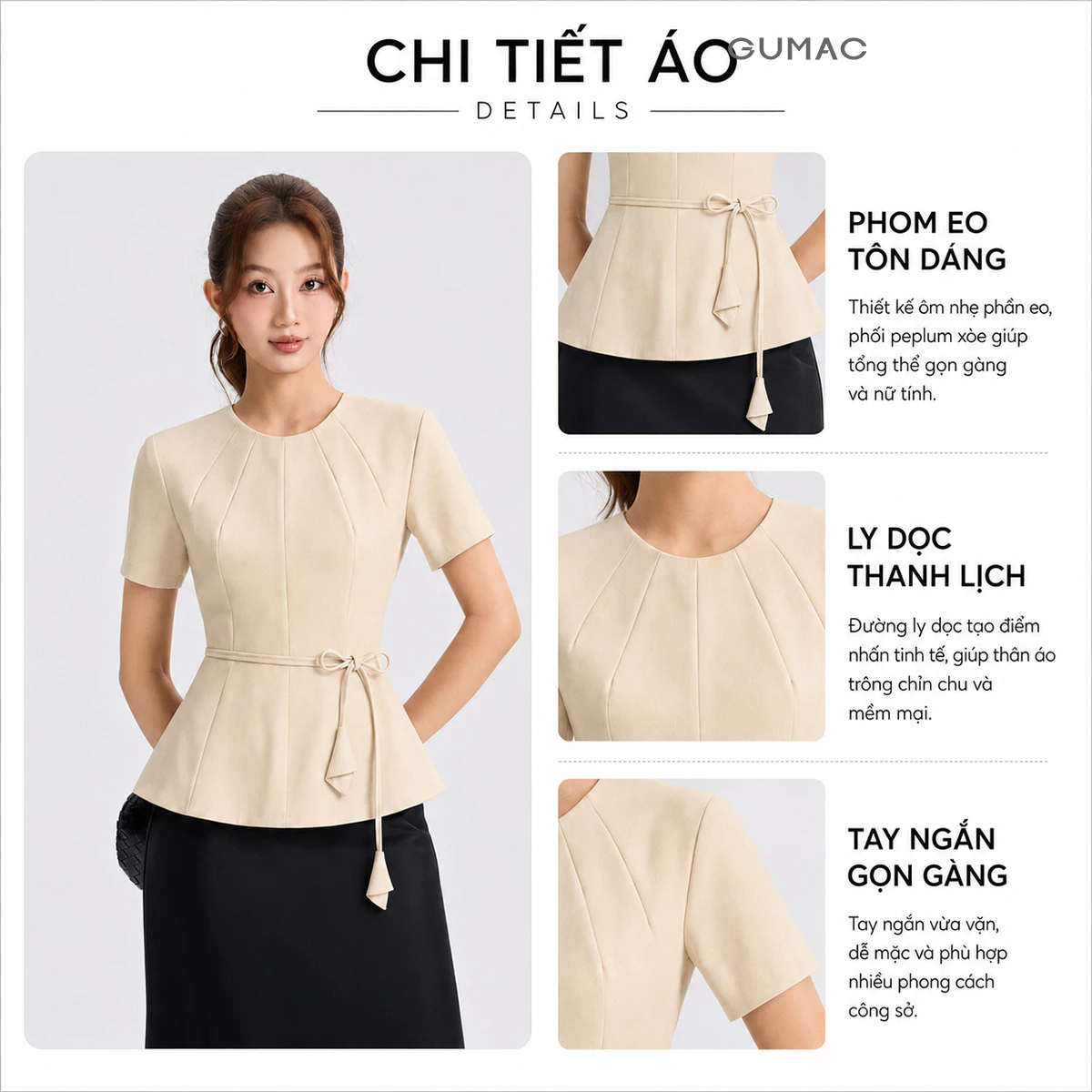 [NHẬP MÃ AFFTHAG GIẢM 99K] Áo Kiểu Nữ GUMAC Form Peplum Cổ Tròn Tay Ngắn Chiết Eo Phối Dây Thắt Eo Nữ Tính LAG06032