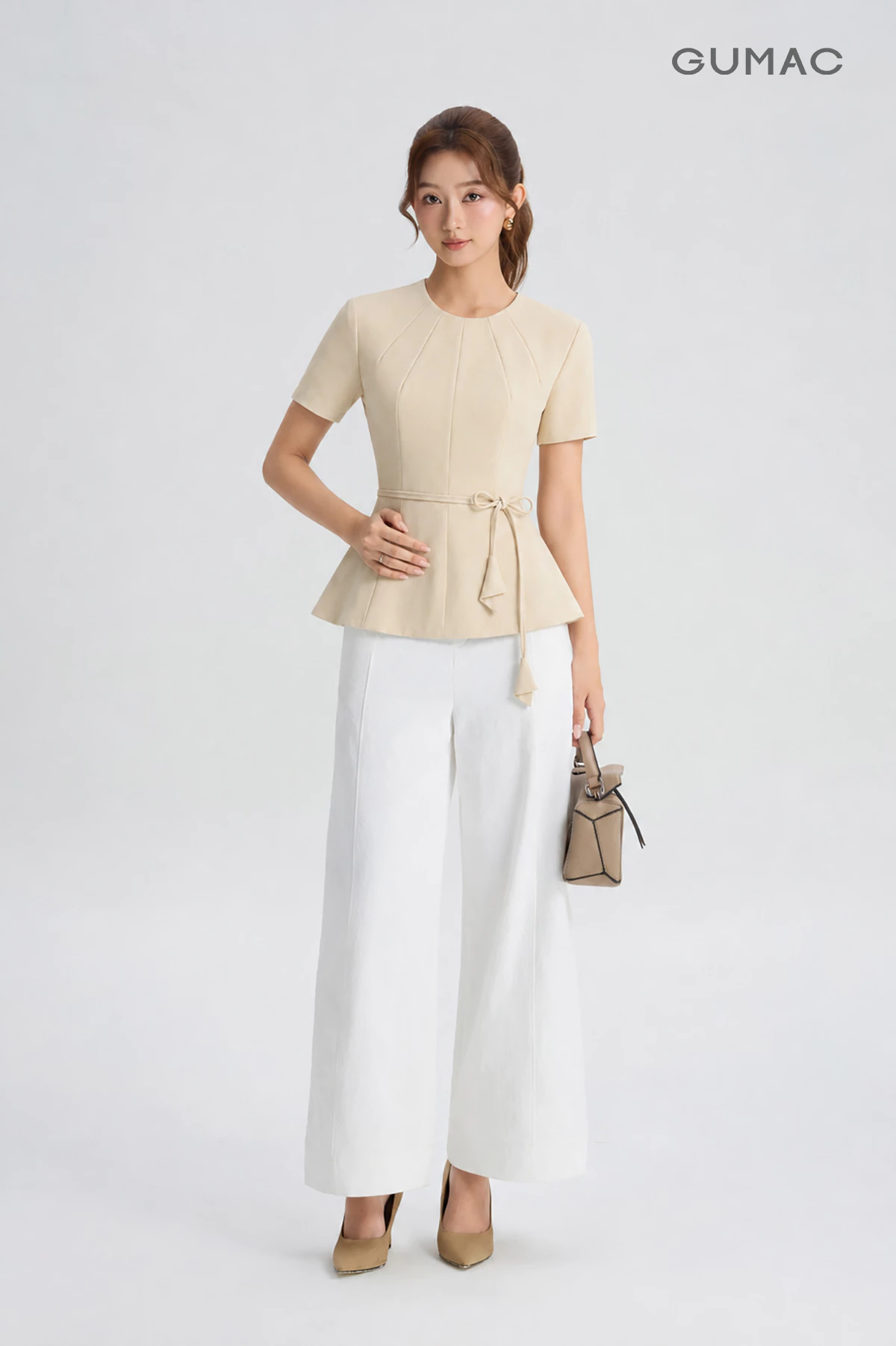 [NHẬP MÃ AFFTHAG GIẢM 99K] Áo Kiểu Nữ GUMAC Form Peplum Cổ Tròn Tay Ngắn Chiết Eo Phối Dây Thắt Eo Nữ Tính LAG06032