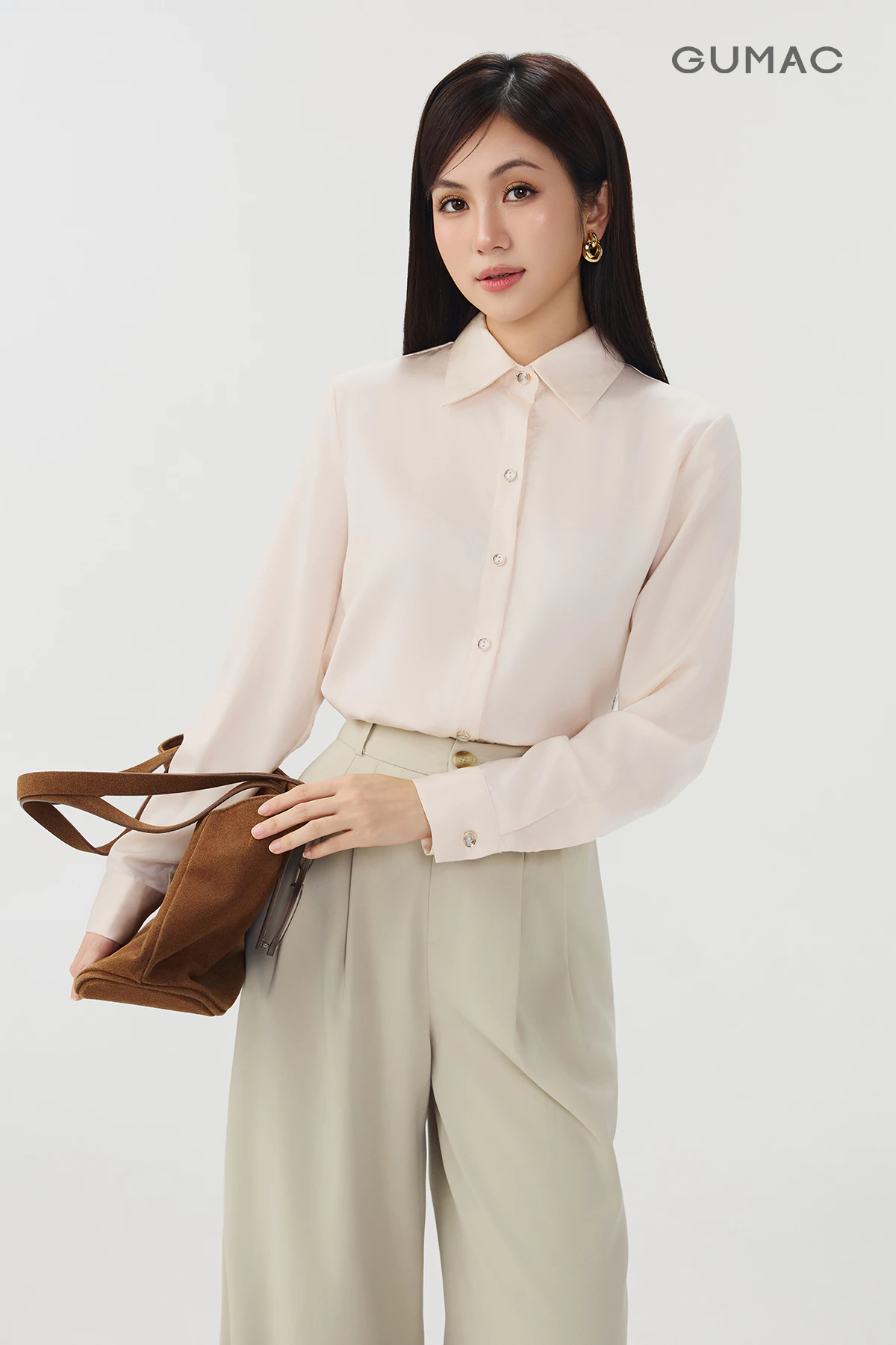 Áo Sơ Mi GUMAC Form Suông Tay Dài Chất Lụa Ánh Nhung Mềm Mại Sang Trọng LAG07001