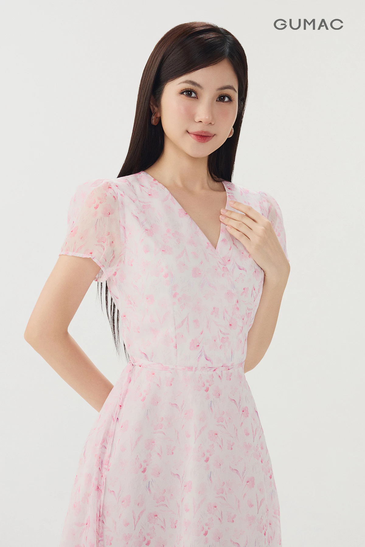Đầm Nữ GUMAC Form A Xòe Họa Tiết Hoa Hai Lớp Cột Eo Màu Hồng Nữ Tính Thanh Lịch Đi Làm Đi Tiệc DG07052