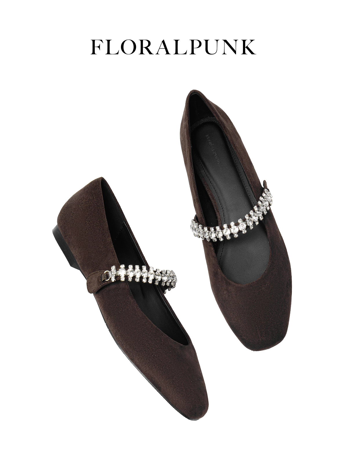 Giày Búp Bê Floralpunk Diana Ballerina Flats - Suede Brown - chất liệu da lộn kèm quai đá trang trí