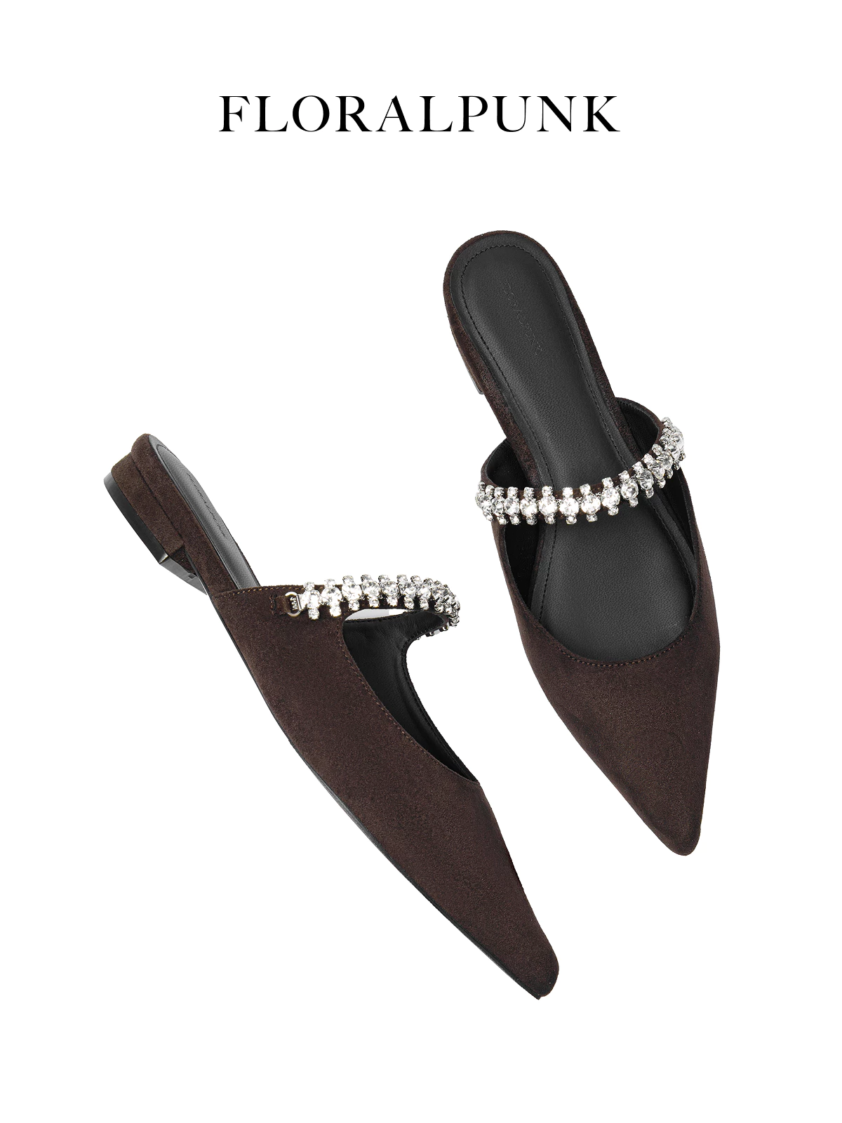 Giày bệt Floralpunk Diana Mules - Suede Brown - Chất liệu da lộn kèm dây quai đá trang trí
