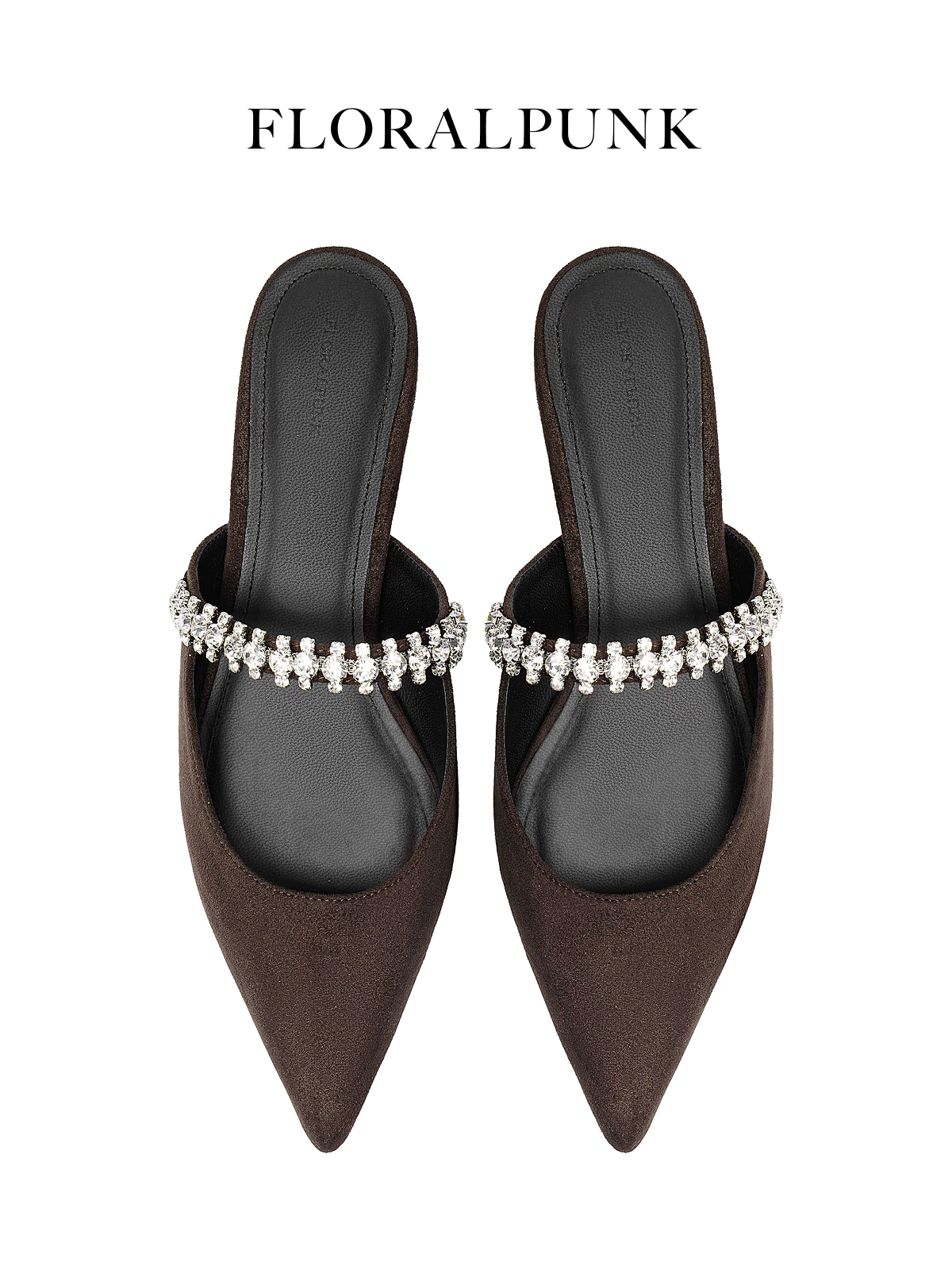 Giày bệt Floralpunk Diana Mules - Suede Brown - Chất liệu da lộn kèm dây quai đá trang trí