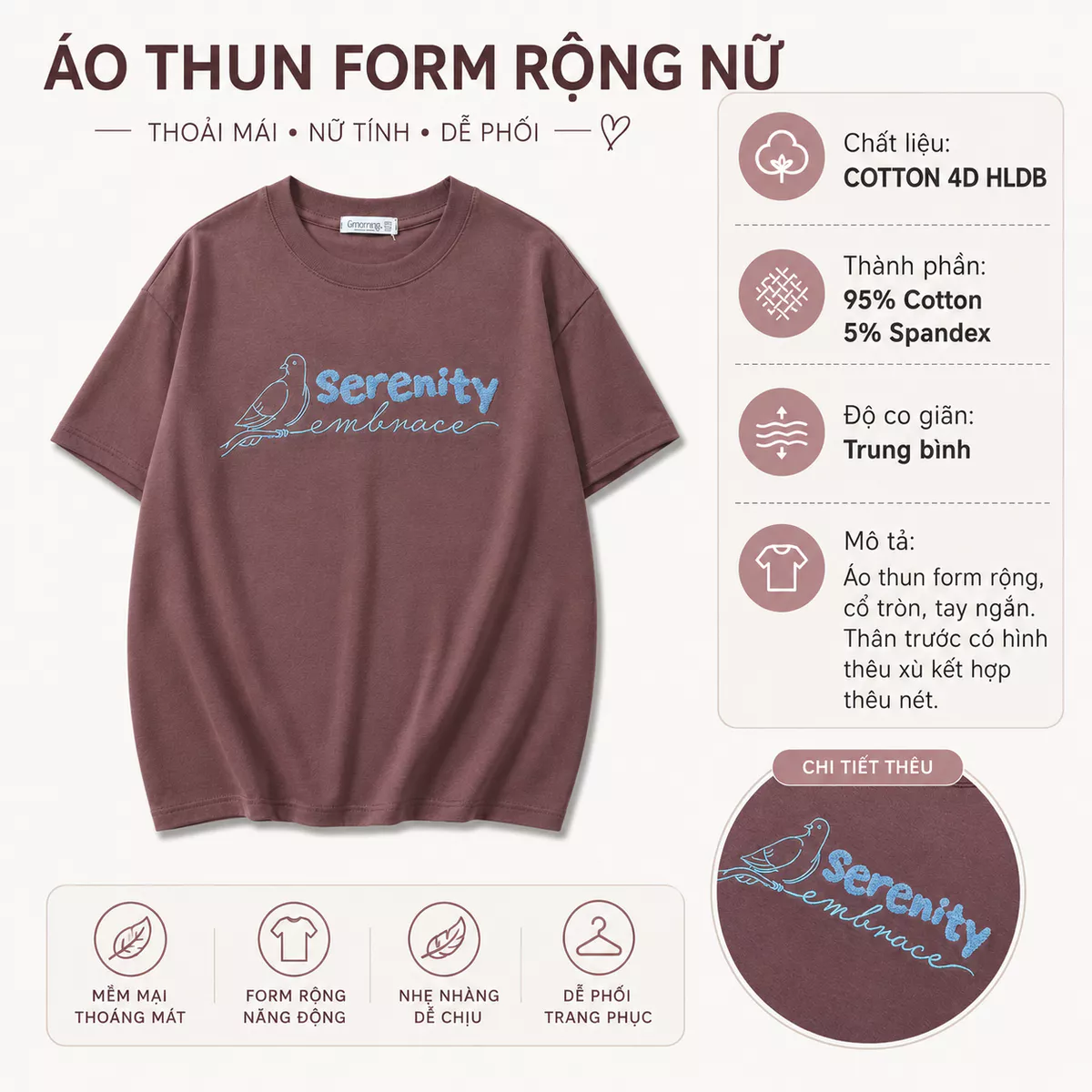 Áo Thun Nữ Gmorning - GUMAC Form Rộng Hình Thêu Xù Chữ Nổi Thanh Lịch Thời Trang YATG08045