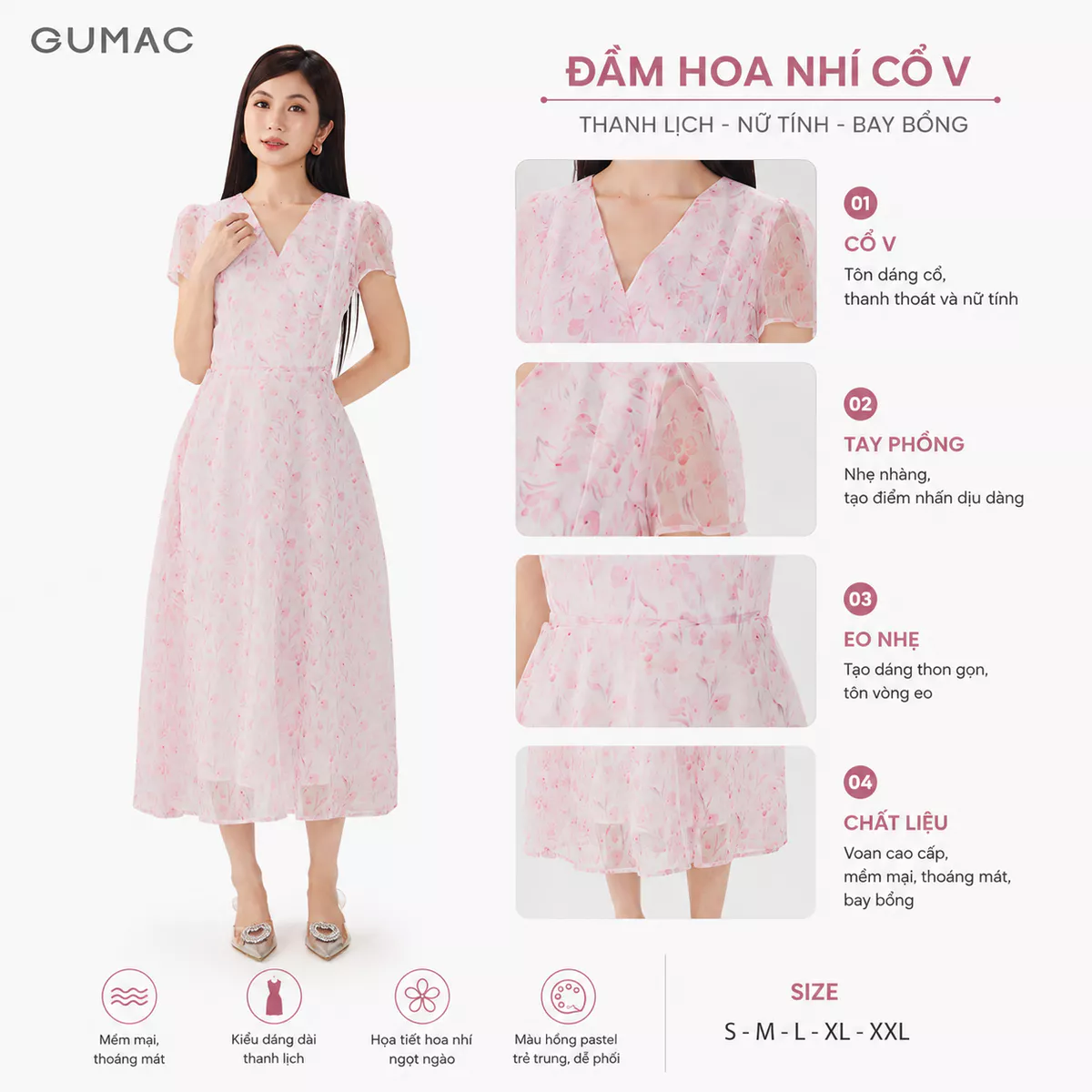 Đầm Nữ GUMAC Form A Xòe Họa Tiết Hoa Hai Lớp Cột Eo Màu Hồng Nữ Tính Thanh Lịch Đi Làm Đi Tiệc DG07052