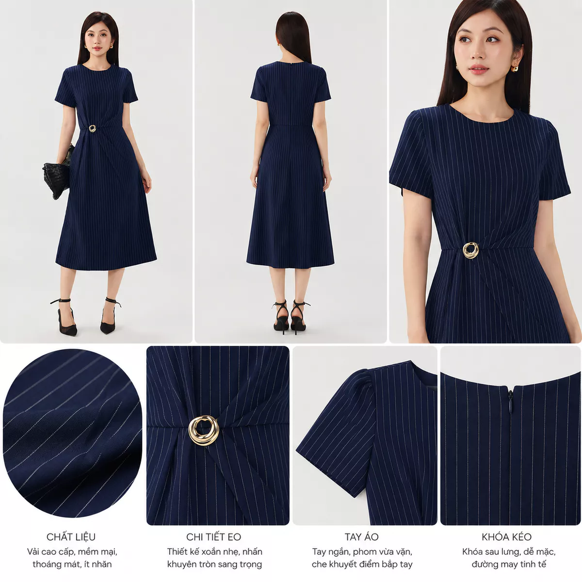 Đầm Nữ GUMAC Dáng Xòe Draping Cổ Tròn Tay Ngắn Có Túi Sườn Tiện Lợi Đính Phụ Kiện Thanh Lịch DG07101