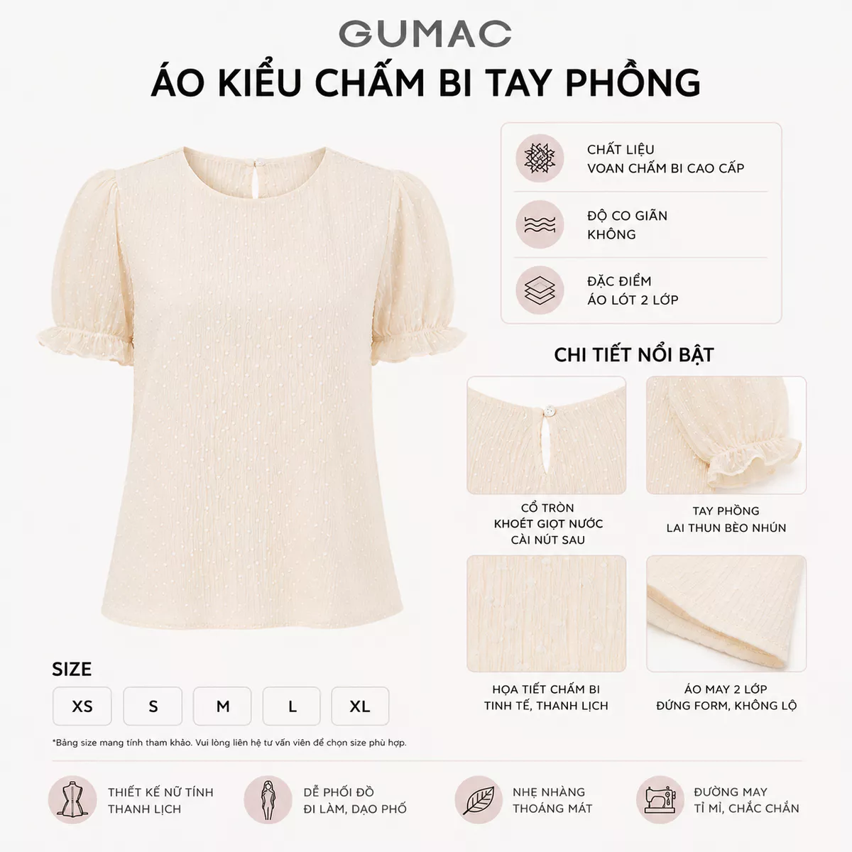 [VOUCHER 25%] Áo Kiểu Nữ GUMAC Chấm Bi Form Suông Cổ Tròn Tay Phồng Nhún Chất Liệu Tơ Hai Lớp Thanh Lịch LAG07075