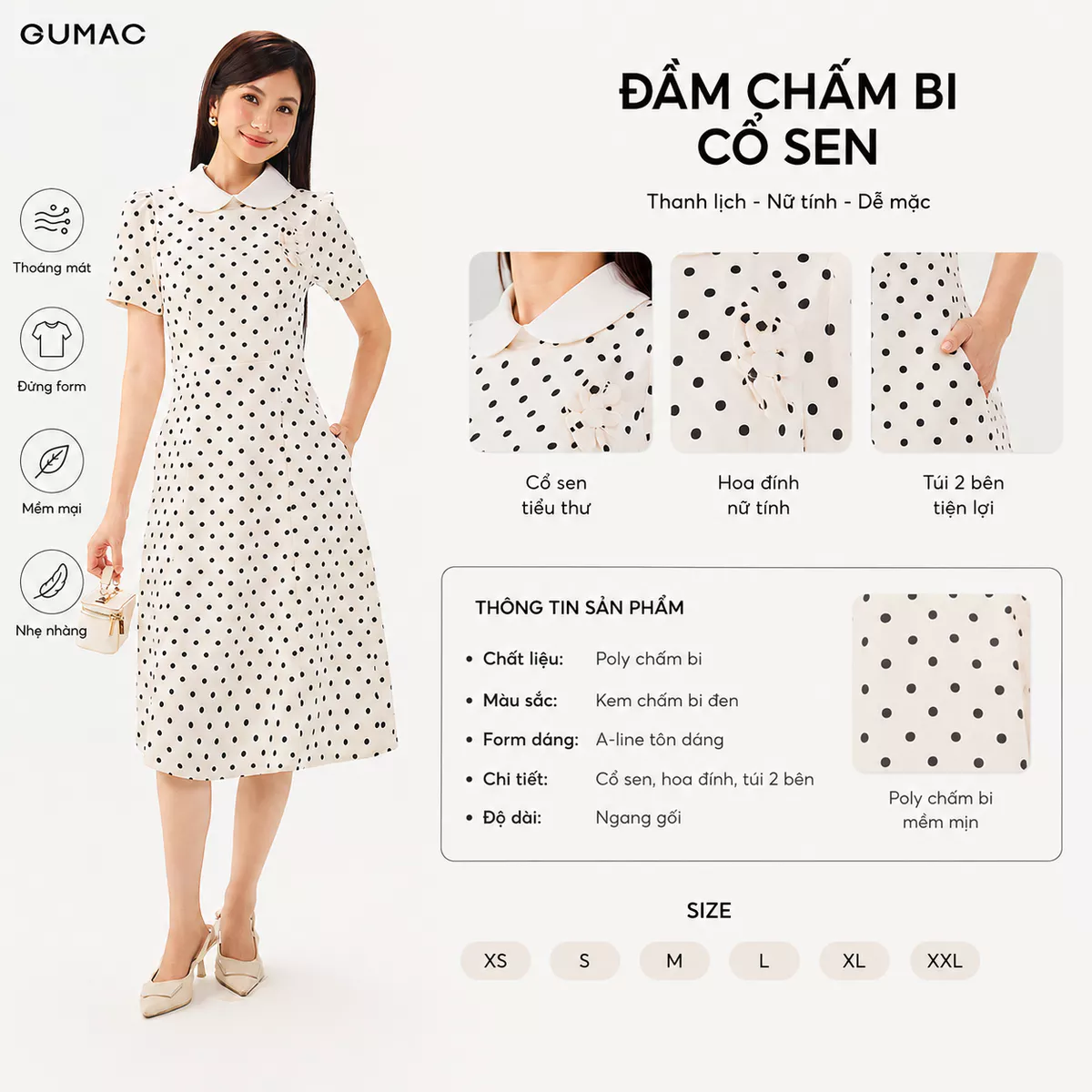 Đầm Nữ GUMAC Form A Cổ Lá Sen Eo Tôn Dáng Có Túi Sườn Tiện Lợi Đính Hoa 3D Thanh Lịch LDG07082