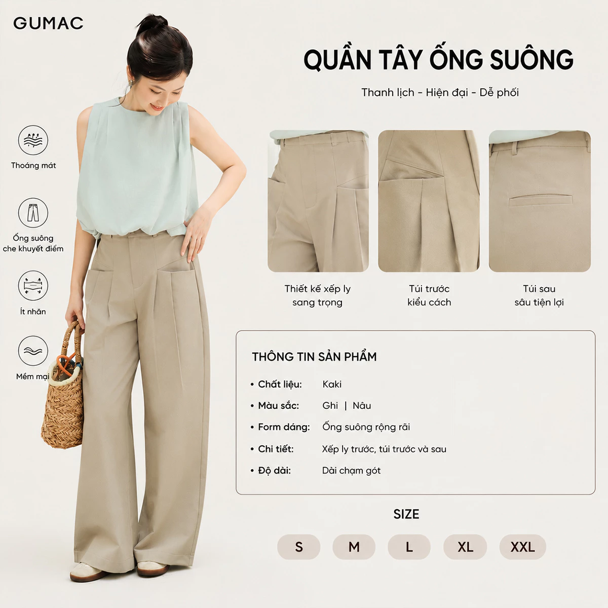Quần Kaki Nữ Gmorning - GUMAC Ống Rộng Xếp Ly Túi Tam Giác Một Lớp Dễ Phối Đồ Đi Làm Đi Chơi YQJG06023