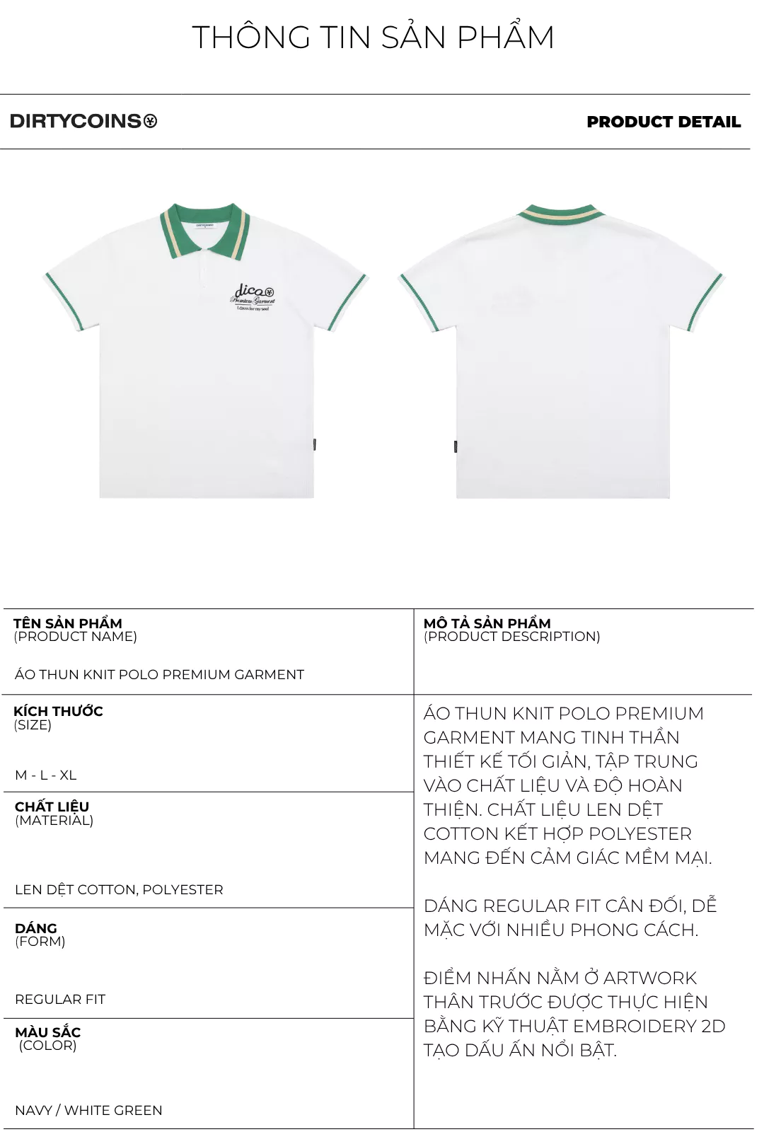 Áo Thun Knit Polo Premium Garment - White Green
