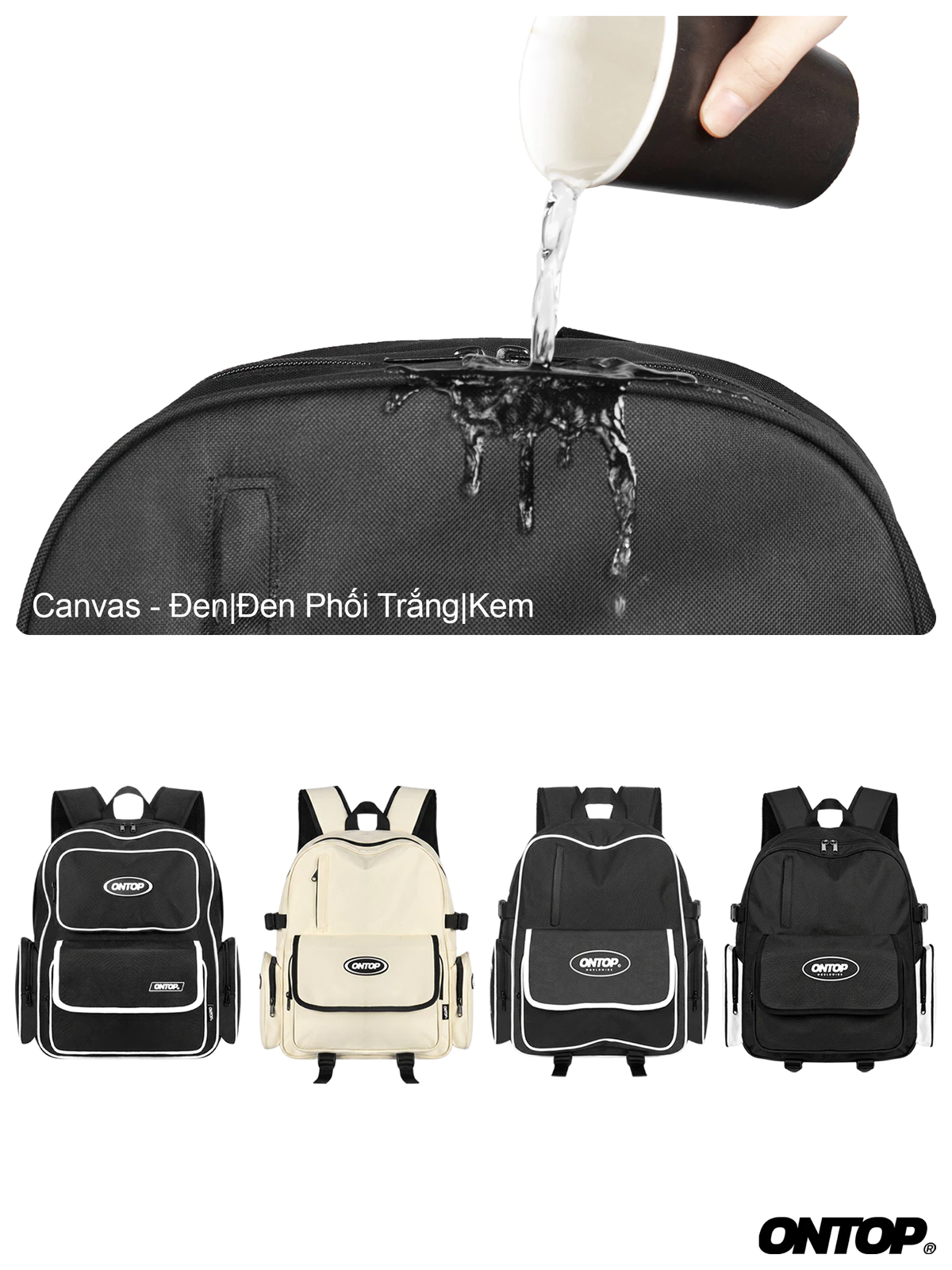 Balo vải canvas nam nữ nhiều ngăn ONTOP đựng vừa laptop 15.6inch màu đen, kem local brand BW Backpack | O-P16 & O-P36
