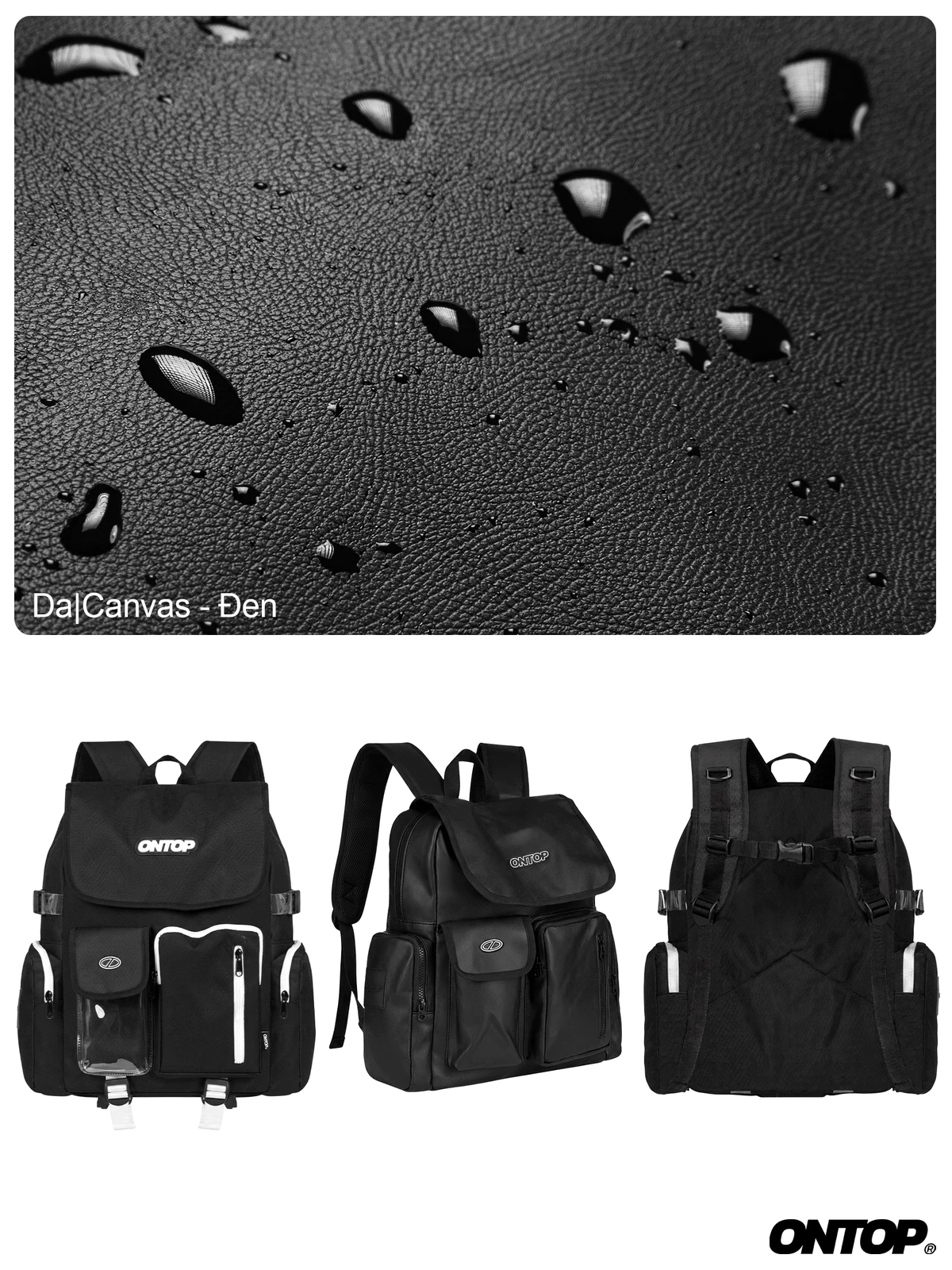 Balo nắp gập da và canvas đi học ONTOP nam nữ nhiều ngăn đen trơn đựng laptop local brand Renew Backpack | O-P024&O-P56