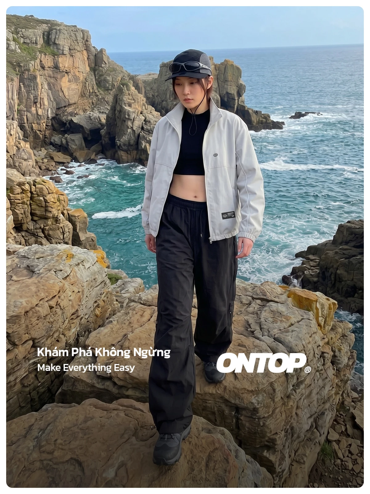 Áo khoác chống gió hai lớp ONTOP cổ trụ, phối viền nam nữ màu xám trắng Wind Track Jacket | O-AK5-XT