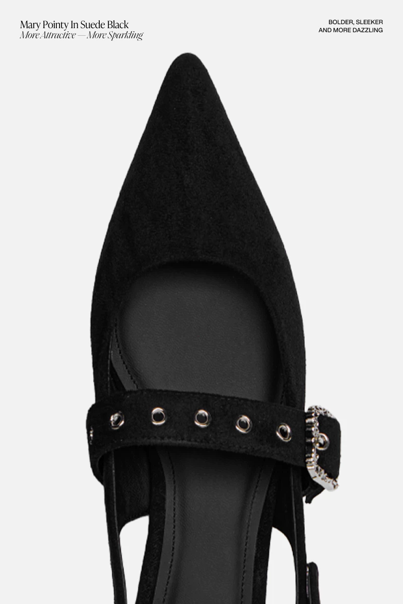 Giày bệt Floralpunk Mary Pointy - Suede Black - Đế cao 3cm chất liệu da lộn - dây quai gót kèm móc khóa