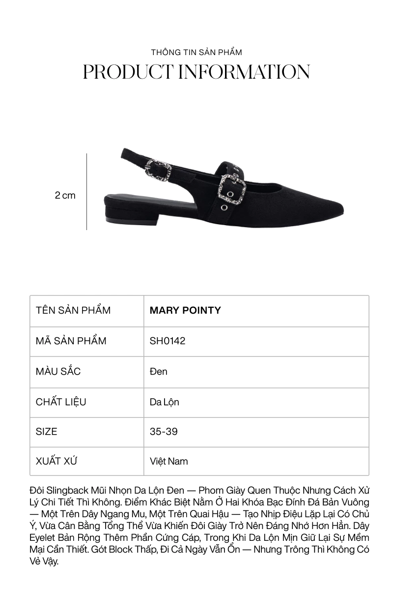 Giày bệt Floralpunk Mary Pointy - Suede Black - Đế cao 3cm chất liệu da lộn - dây quai gót kèm móc khóa