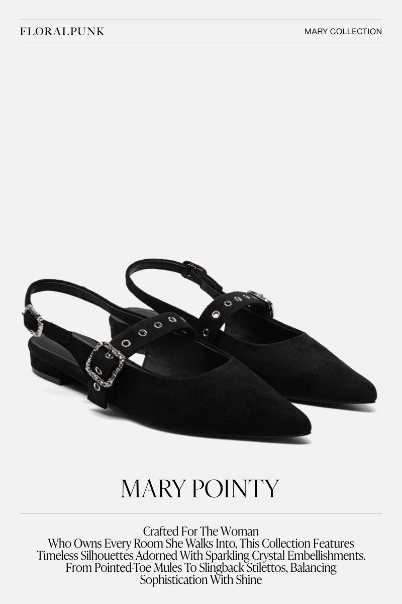 Giày bệt Floralpunk Mary Pointy - Suede Black - Đế cao 3cm chất liệu da lộn - dây quai gót kèm móc khóa
