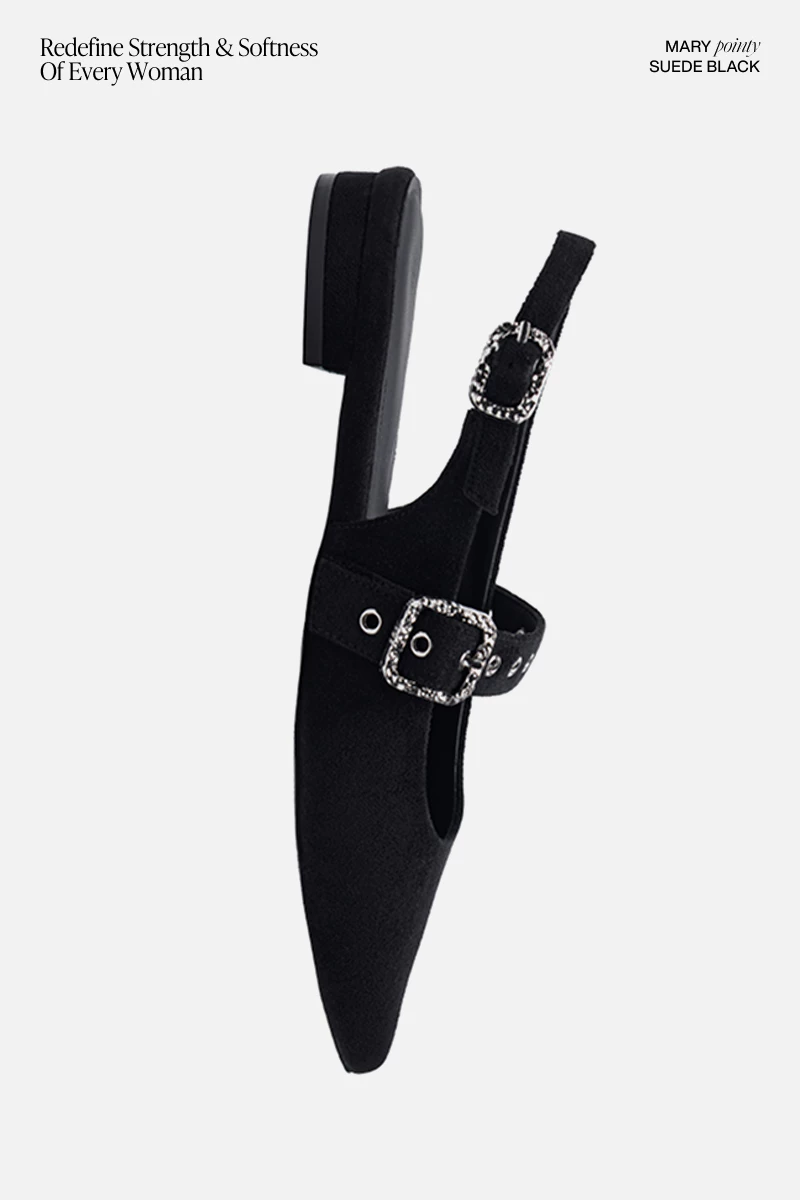 Giày bệt Floralpunk Mary Pointy - Suede Black - Đế cao 3cm chất liệu da lộn - dây quai gót kèm móc khóa