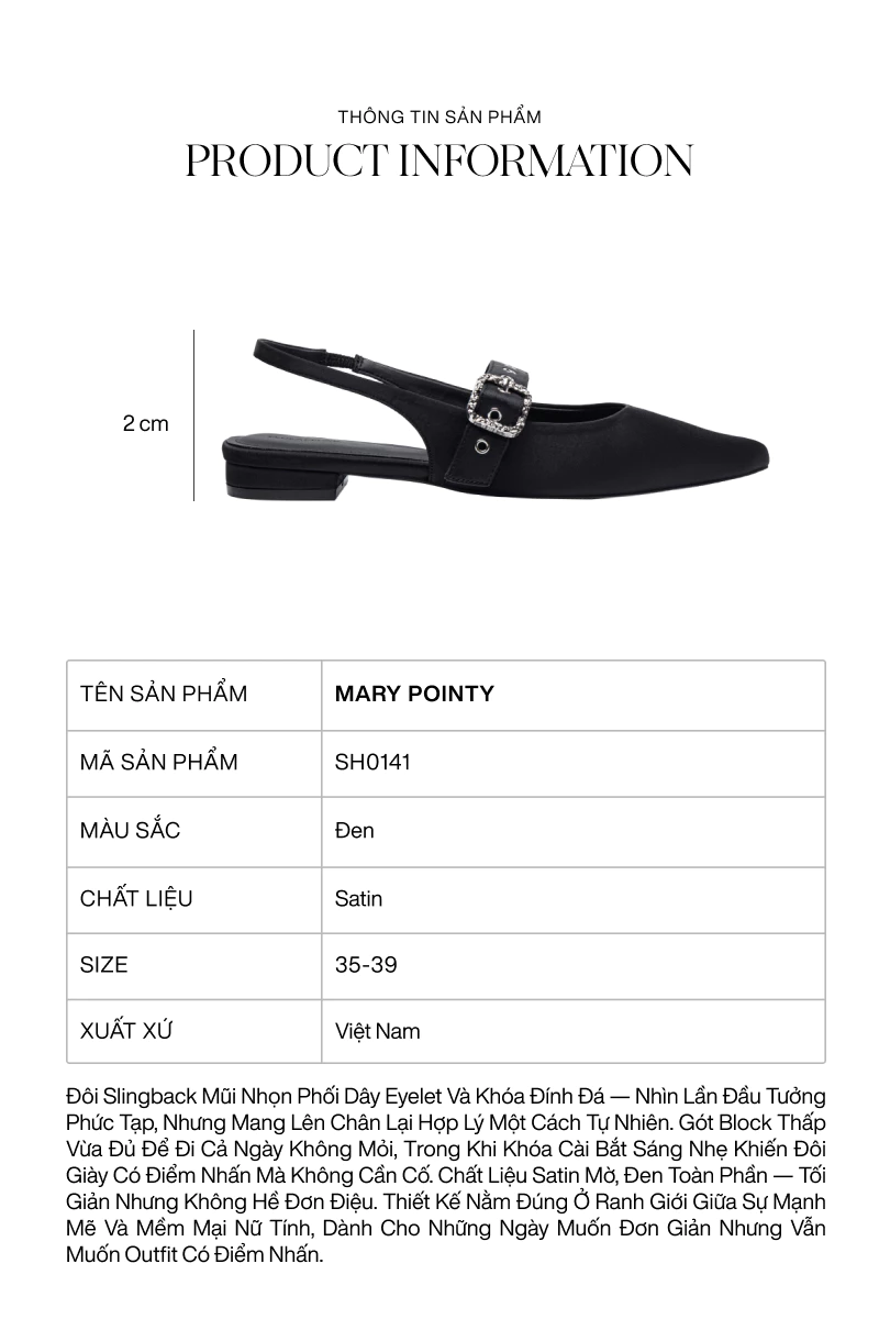 Giày bệt Floralpunk Mary Pointy - Đế cao 3cm chất liệu satin - dây quai gót kèm móc khóa