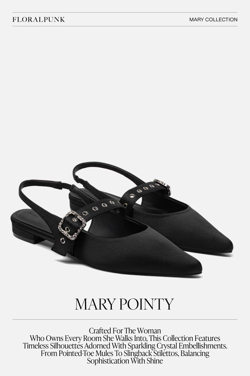 Giày bệt Floralpunk Mary Pointy - Đế cao 3cm chất liệu satin - dây quai gót kèm móc khóa