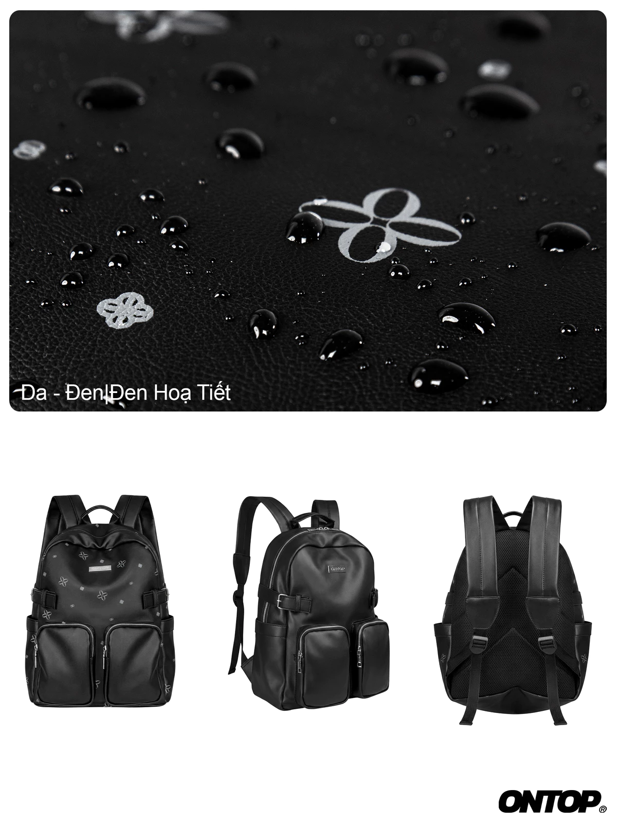 Balo da đen nam local brand ONTOP chống nước, đựng vừa laptop 14inches họa tiết monogram Backpack Level 3.0 | O-P28