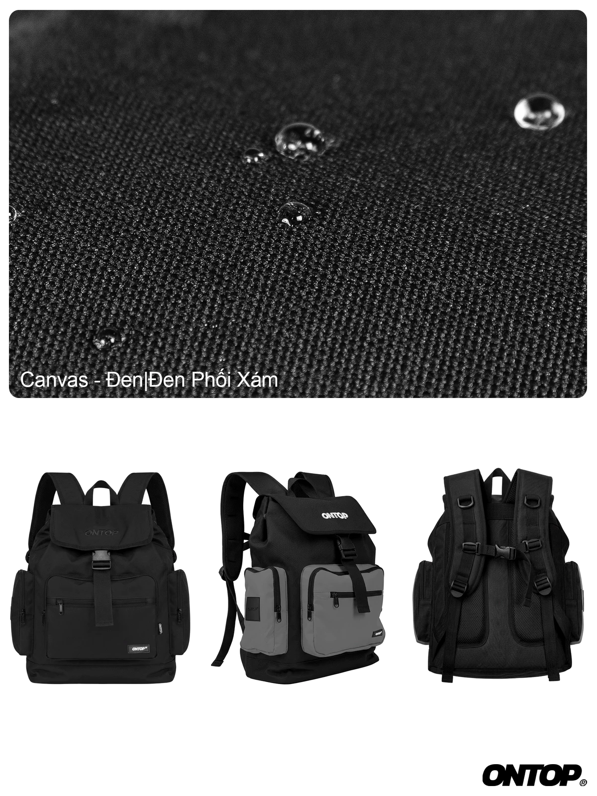 Balo nắp gập canvas nam nữ ONTOP nhiều ngăn, đựng vừa laptop 15.6inches màu đen, xám O-Straps Backpack | O-P50