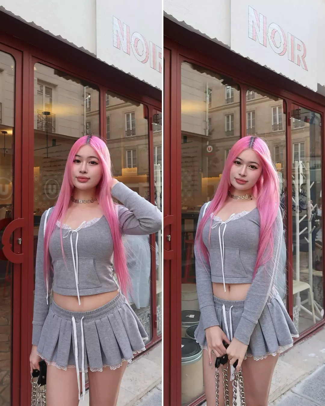 LSOUL Set Jennie Áo Hoodie Croptop Xám Có Mũ + Chân Váy Miniskirt Xếp Ly Phối Ren Calos B24031396