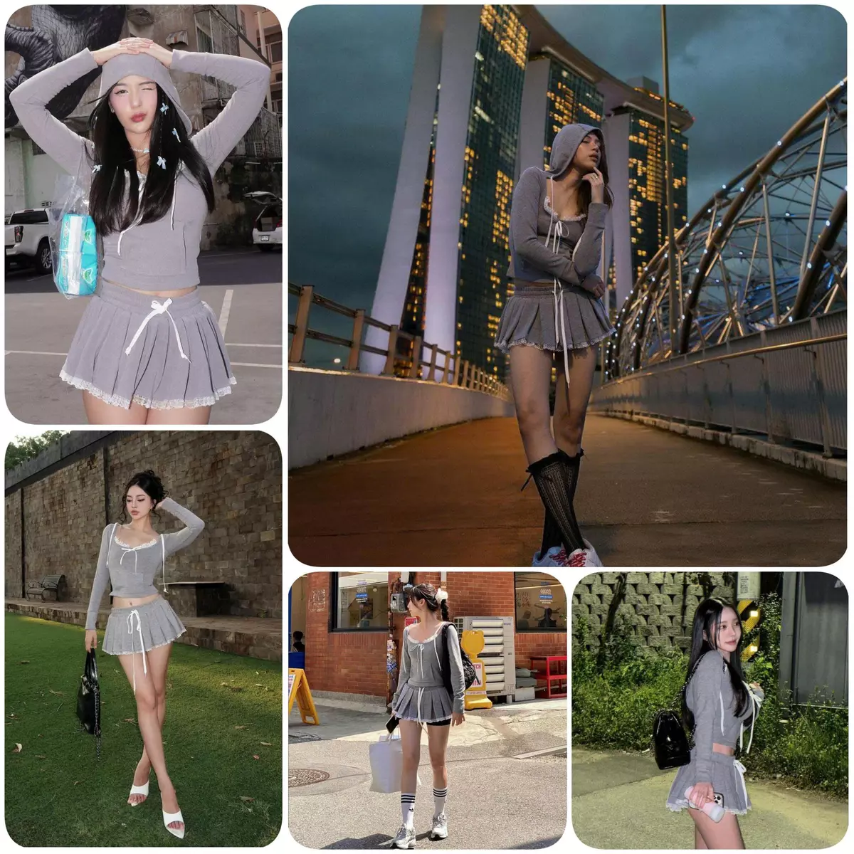 LSOUL Set Jennie Áo Hoodie Croptop Xám Có Mũ + Chân Váy Miniskirt Xếp Ly Phối Ren Calos B24031396