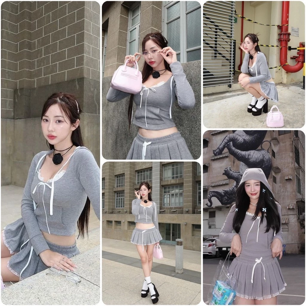 LSOUL Set Jennie Áo Hoodie Croptop Xám Có Mũ + Chân Váy Miniskirt Xếp Ly Phối Ren Calos B24031396