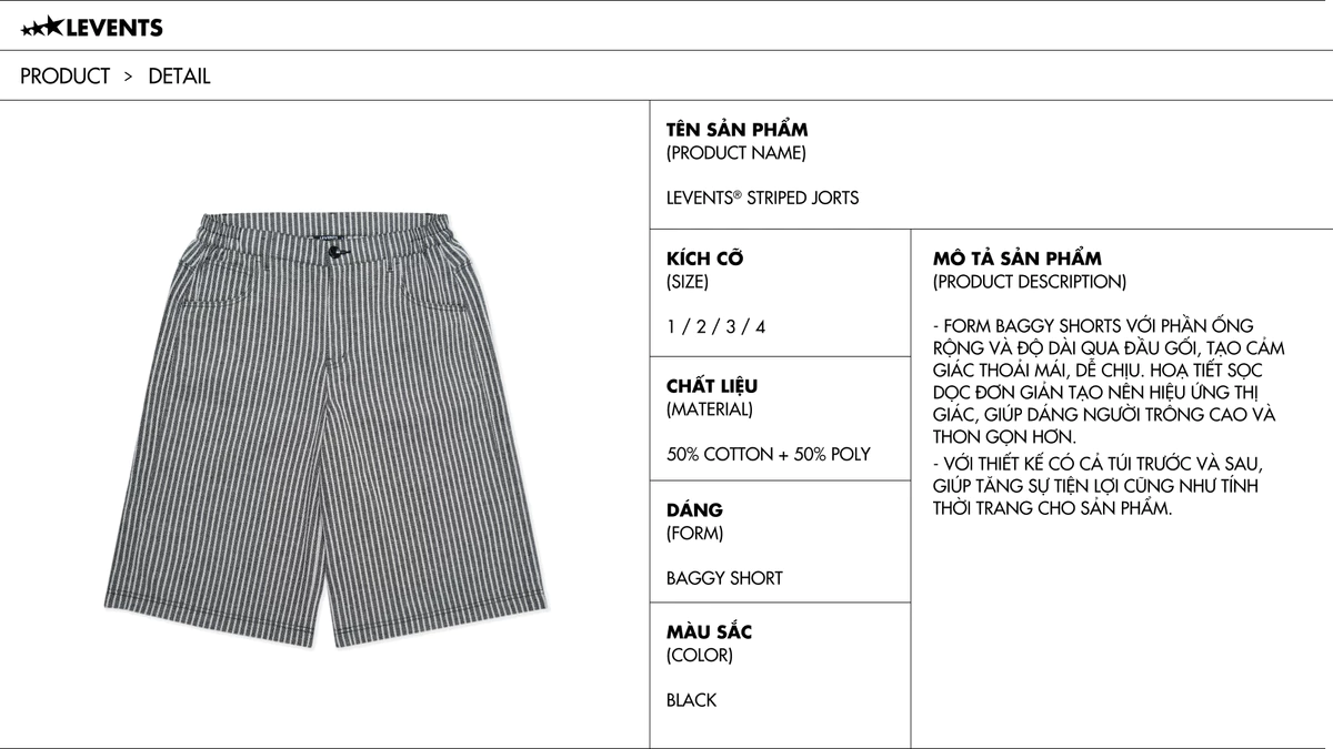 Quần Lửng Levents Striped Jorts/ Black 50% Poly & 50% Cotton