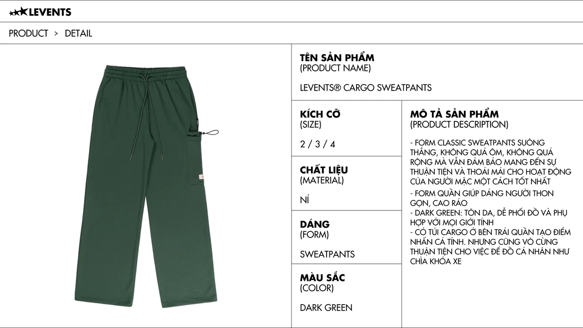 Quần dài Levents Cargo SweatPants/ Dark Green Chất Nỉ Straight Fit
