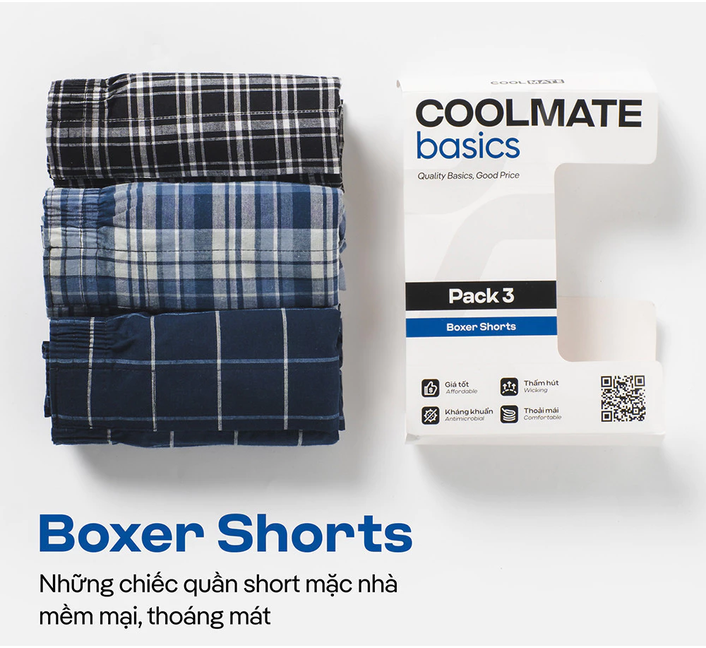 Combo Pack 3 quần mặc nhà Boxer short Coolmate basics kẻ sọc [MÀU NGẪU NHIÊN] [LS]