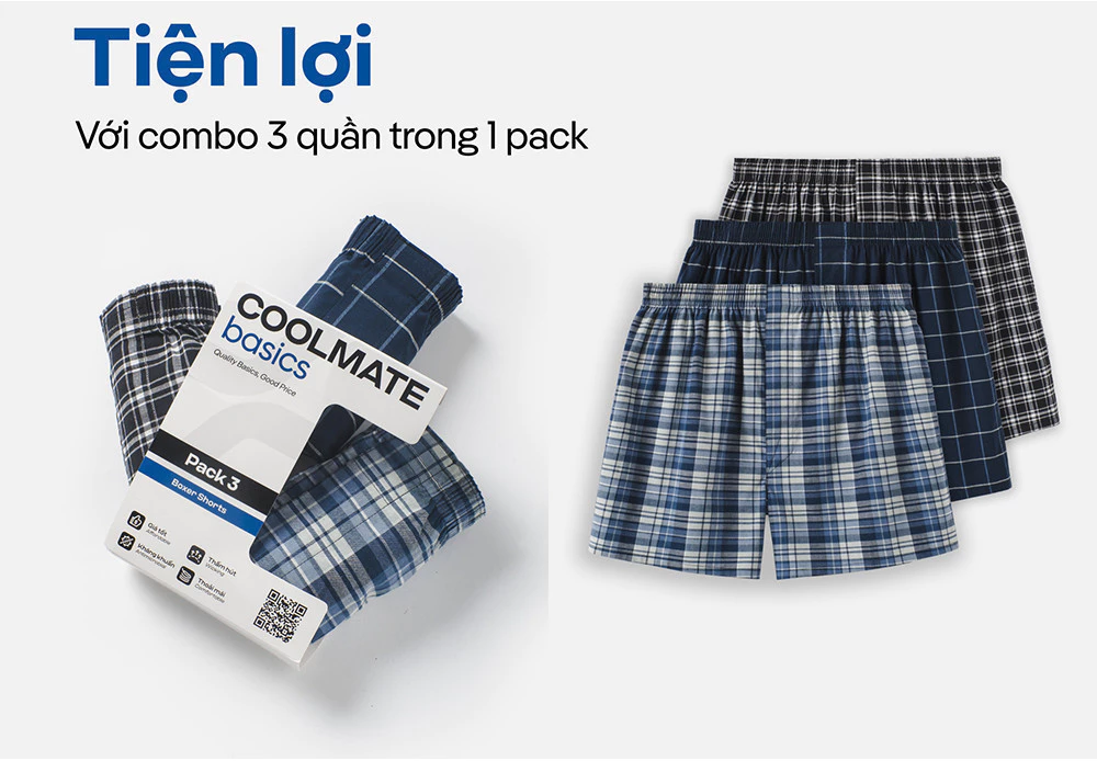 Combo Pack 3 quần mặc nhà Boxer short Coolmate basics kẻ sọc [MÀU NGẪU NHIÊN] [LS]